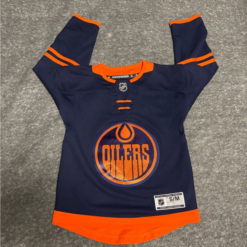 NHL Dark Blue and Orange Official Oilers Jersey